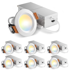 Amico 6 Pack 2 Inch 5CCT Ultra-Thin LED Canless Recessed Ceiling Light with Junction Box, 2700K/3000K/3500K/4000K/5000K Selectable, CRI90+, 6W=40W, 350LM, Dimmable Canless Wafer Downlight-ETL&FCC