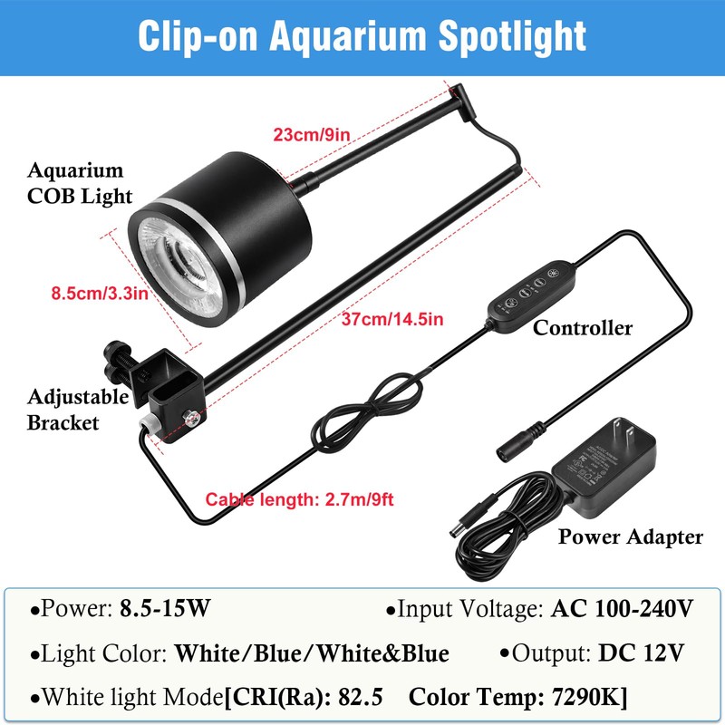 HITOP Clip-On Aquarium Spotlight for 30-55cm Reef/Freshwater Tanks, Fish Tank