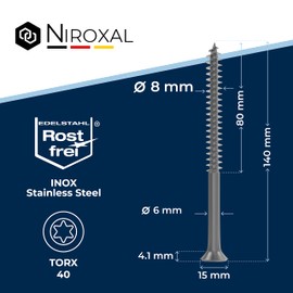 Stainless Steel TORX countersunk Head Screw Made of V2A 8-mm Thick 140-mm Screw Length 10 Pieces 80-mm Partial Thread Wood Screw 8x140