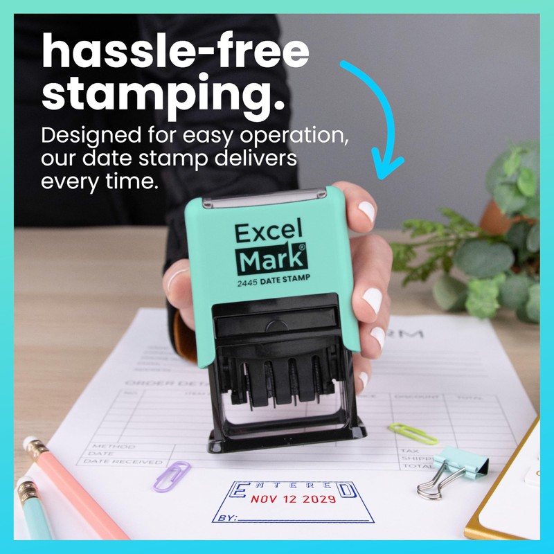 ExcelMark 2445 Date Stamp with Text - Blue and Red