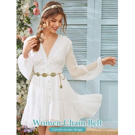 FIORETTO Turquoise Concho Chain Belt for Women Metal Waist Chain Link Western Cowgirl Boho Belts for Dress Jeans Gold