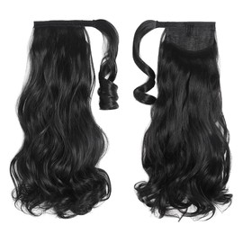 Ponytail Extensions,HSPJHTM Black Ponytail Extension 16" Short Wavy Curly Wrap Around Pony Tail Heat Resistant Synthetic Hairpiece for Women