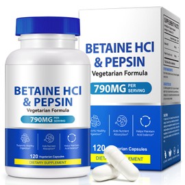 Betaine HCl + Pepsin 790mg for Low Stomach Acid 120 Capsules - Vegetarian & GMO Free.