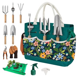22Pcs Gardening Tools Set for Women Heavy Duty Garden Hand Tools Kit Garden Gifts for Mom Beginner Gardening Accessories with Tote Bag/Shovels/Repotting Mat/Plant Labels/Gloves-Dark Green