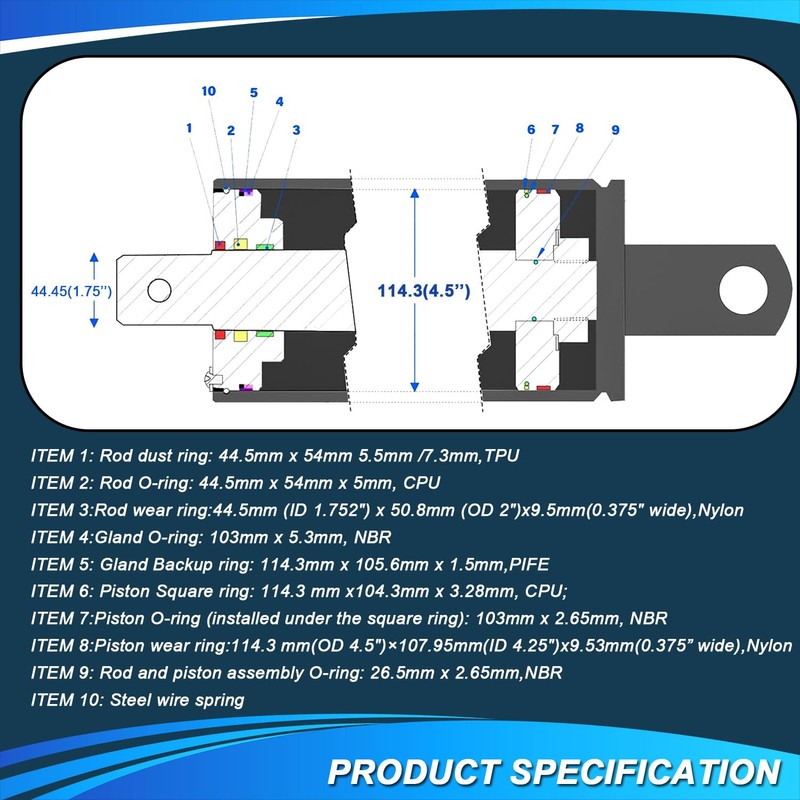 Hydraulic Log Splitter Cylinder Rebuild Seal Kit Suitable for 4.5"