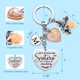 LParkin Sister Gifts from Sisters Initial Letter Keychain A-Z Side by Side or Miles Apart Sisters Will Always be Connected by Heart Long Distance Relationships Keychains Birthday