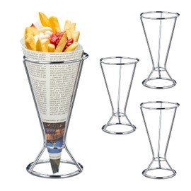 Relaxdays Chip Holder, Set of 4 Stainless Steel Chip Bag Holders, H x D 16 x 9.5 cm, Pointe Bag Stand for Fries, Silver