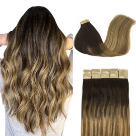 DOORES Tape-In Real Hair Extensions, Dark Brown to Chestnut Brown and Dirty Blonde Highlights, 55 cm (22 Inches), 50 g, 20 Pieces, Remy Hair Tape, Straight Hair