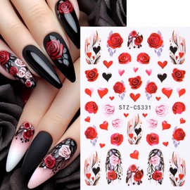 Valentine's Day 3D Nail Art Stickers - Vintage Rose Nail Decals Red Rose Love Heart Purple Flower Nail Stickers Valentine's Nail Designs DIY Adhesive Decals Manicure Decorations Nail Supplies 6Sheets