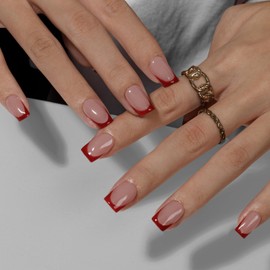 KQueenest Red French Tip Press On Nails Short Square, 30 Pcs Acrylic Press On Nails With Glue, Natural Nude Short Fake Nails Press ons, Reusable Glossy Soft Gel Glue on Nails for Women Weddings