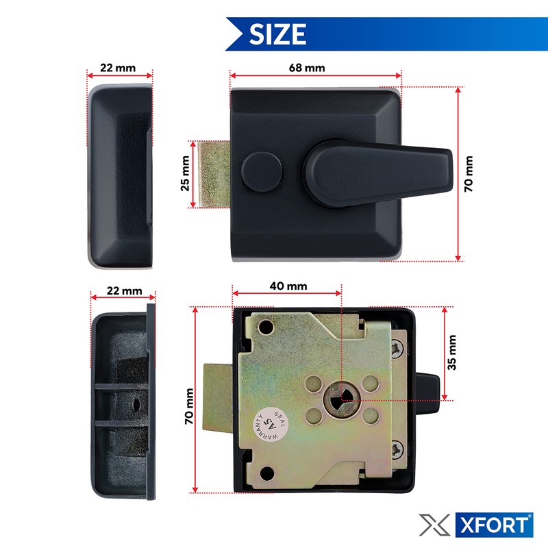 XFORT 40mm Matt Black Night Latch Narrow Complete with Rim