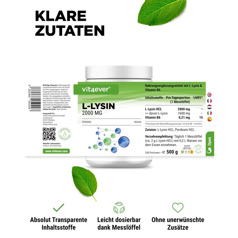L-Lysine Powder 500 g without Additives - 100% Pure and