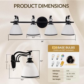ANDY STAR Modern Bathroom Light Fixtures, 4-Light Vanity Lights, 28 inch Farmhouse Wall Sconces, Black Wall Lamp with Milky Glass, Well-Made Bathroom Lighting Fixtures Over Mirror for Living Room