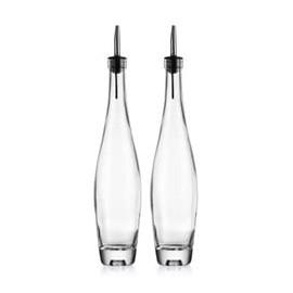 Home to Table Elegant Set of 2 14oz Teardrop Oil and Vinegar Cruet Dispenser Bottles Clear Glass- Stainless Steel Jigger For Easy Flow