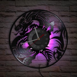 Timethink 12 Inch Dragon LED Wall Clock with 7 Colors Changing, Silent Non Ticking Vintage Flying Evil Dragon Spiritual Symbol Fantasy Vinyl Record Wall Clock Watch for Living Room Bedroom Decor