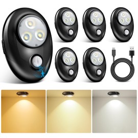 LightingWill Motion Sensor Puck Lights, Dimmable Under Cabinet Light, 3 Color Modes Closet Lights, Rechargeable Wireless Puck Lights for Kitchen, Closet, Stairs (6 Pack)