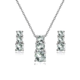 GemStar USA Sterling Silver Light Aquamarine Round Graduating Three Stone Stud Earrings & Necklace Set