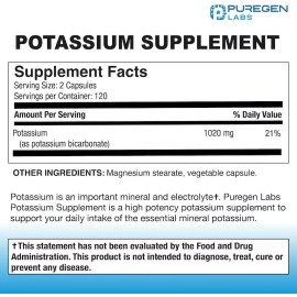 Puregen Labs Potassium Bicarbonate Supplement 1020 mg, 240 Vegetarian Caps