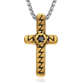 Dada Gioielli - Necklace with cross for men and women with black stone - in burnished gold or silver, hypoallergenic stainless steel in diamond-coated silver look, 45 + 5 cm, Stainless Steel Stainless