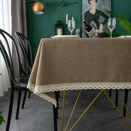 EHouseHome Faux Linen Tablecloth with Lace Trim - Waterproof/Spill Proof/Stain Resistant/Wrinkle Free/Oil Proof - for Banquet, Parties, Dinner,Kitchen,Wedding,Coffee,Holiday,Flax,Rectangle 60x84Inch