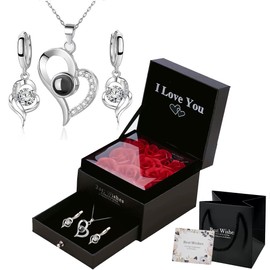 Caja de Regalo de 9 Rosas Eternas con Collar y Pendientes Proyectores de "Te Amo" en 100 Idiomas - Flor Eterna, Regalos para Novia, Mamá, Esposa | Ideal para San Valentín, Aniversario, Cumpleaños