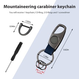 FSTURIOS Carabiner Keychain, Car Key Holder with 2 Key Rings & Anti-Lost D-Ring, Unisex Leather Key Fob Holder Key Chain (Matte Gray & Royal Blue)