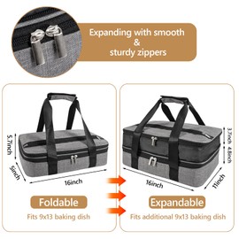 QEES Insulated Casserole Carriers for Hot or Cold Food,Double Decker Casserole Dish Bag Carrying Case,Expandable Food Carrier Warmer Container Bag For Travel Picnic Cookouts.Fits 9"x13" Baking Dish