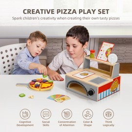 OOOK Wooden Pizza Toy Kids Pizza Counter Playset, Toy Pizza Oven， Montessori Pretend Play Toys with Toy Food, Bake Oven, Role Play Set for 3 4 5 6 Year Old Boys Girls