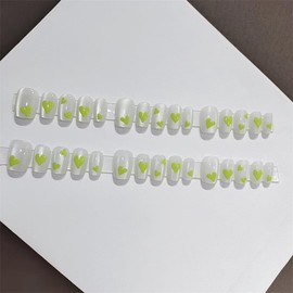 KTAABTR 24Pcs Heart Press on Nails Medium Square Nails Valentines Fake Nails with Glue Valentines Green Heart Nail Art Design Heart False Nails Stick on Nails for Women DIY Manicure Decoration