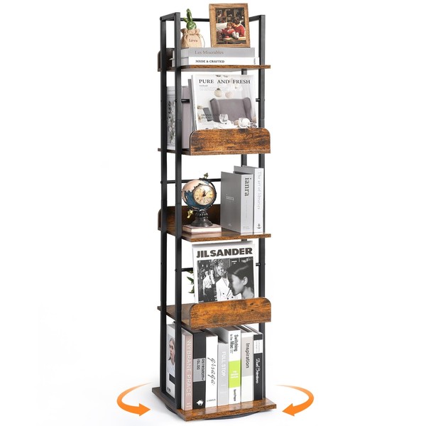 Bikoney Rotating Bookshelf, 360 Display Spinning Bookshelf Tower, 5-Tier Narrow