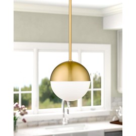 LMS Modern Pendant Lighting Gold Globe Pendant Light Fixture, Mid Century Chandelier One Light Hanging Fixture for Kitchen Island, Adjustable Indoor Lighting for Dinning Room Bedroom, LMS-187