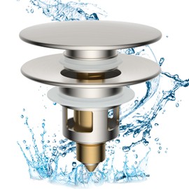 Hibbent All Metal 2 in 1 Bathroom Sink Stopper, Universal Pop Up Drain Strainer, Brass Bullet Core Push Type Sink Stopper for 1.1''~2.3'' Basin, Big Push Button, Anti Clogging Filter, Brushed Nickel