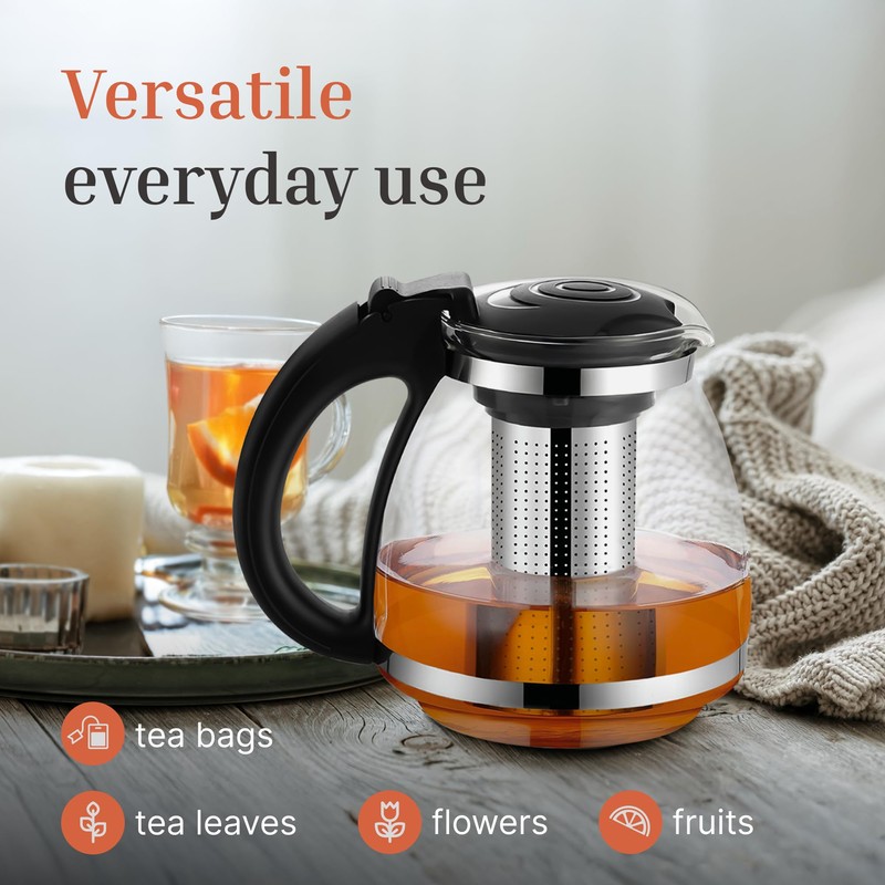 JS Gourmet 1500ml Glass Tea Pot with Infuser and Lid,