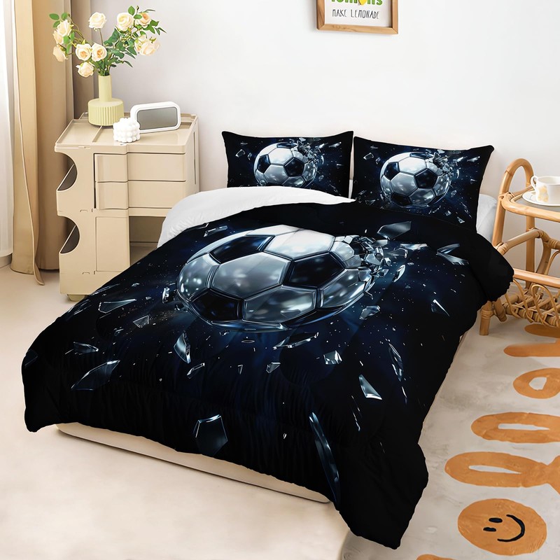 Black White Soccer Comforter 3Pcs Full Size Broken Ball Bedding