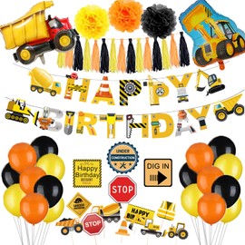Construction Birthday Party Balloons Supplies, 44pcs Excavator Foil Balloons Cupcake Toppers Signs Happy Birthday Banners for Party Decorations