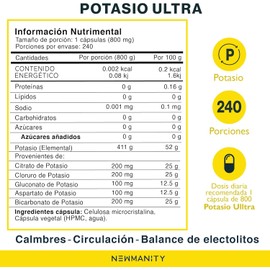 NEWMANITY Potasio Ultra Complejo 5 en 1-240 capsulas con Citrato de Magnesio y Potasio, Gluconato de Potasio, Bicarbonato de Potasio, Cloruro de Potasio y Aspartato de Potasio - Electrolitos