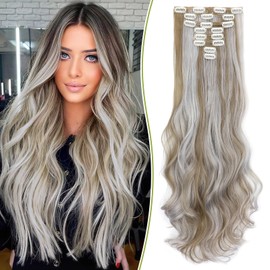 Fanguilar Clip in Hair Extensions, 8PCS 24 Inch Clip in Long Wavy Synthetic Hair Extensions Ash Blonde mix Granny Gray Fiber Double Weft Natural Hairpieces for Women