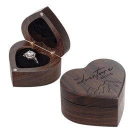 Wislist Engagement Slim Wood Ring Box Heart Shaped Ring Case for Proposal,Wedding Ceremony,Christmas Birthday Gift(The adventure begins)