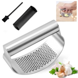 Prensa de Ajo,Trituradora de Jengibre y Pelador de Ajos, Exprimidor de Ajos Profesional Acero Inoxidable Manual Herramienta de Cocina，con Pelador de ajos de silicona y cepillo para limpieza (plata)