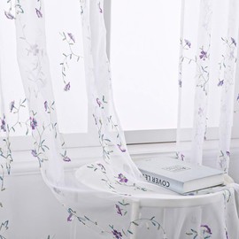 Taisier Home Purple Flower Buds Sheer Curtains for Living Room Floral Embroidery 45 inch Long Rustic Voile Window Curtain Drpaes for Bedroom Rod Pocket 2 Panels