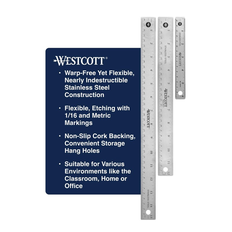 Westcott 10414 Stainless Steel Metal Ruler with Non-Slip Cork Base,