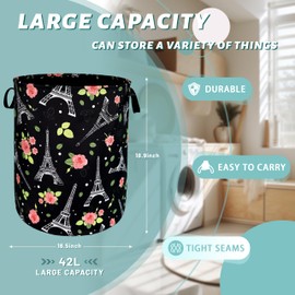 Retro Eiffel Tower Laundry Hamper Rose Flower Colorful Laundry Basket With Handles Foldable Oxford Cloth Tote Bag Clothes Toy Storage Bucket18.9x16.5 Inch For Bathroom/Laundry/Bedroom