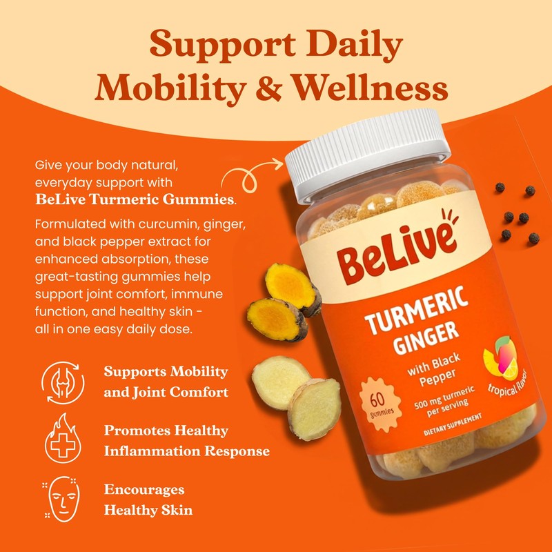 BeLive Turmeric and Ginger Gummies - 500mg - Joint and