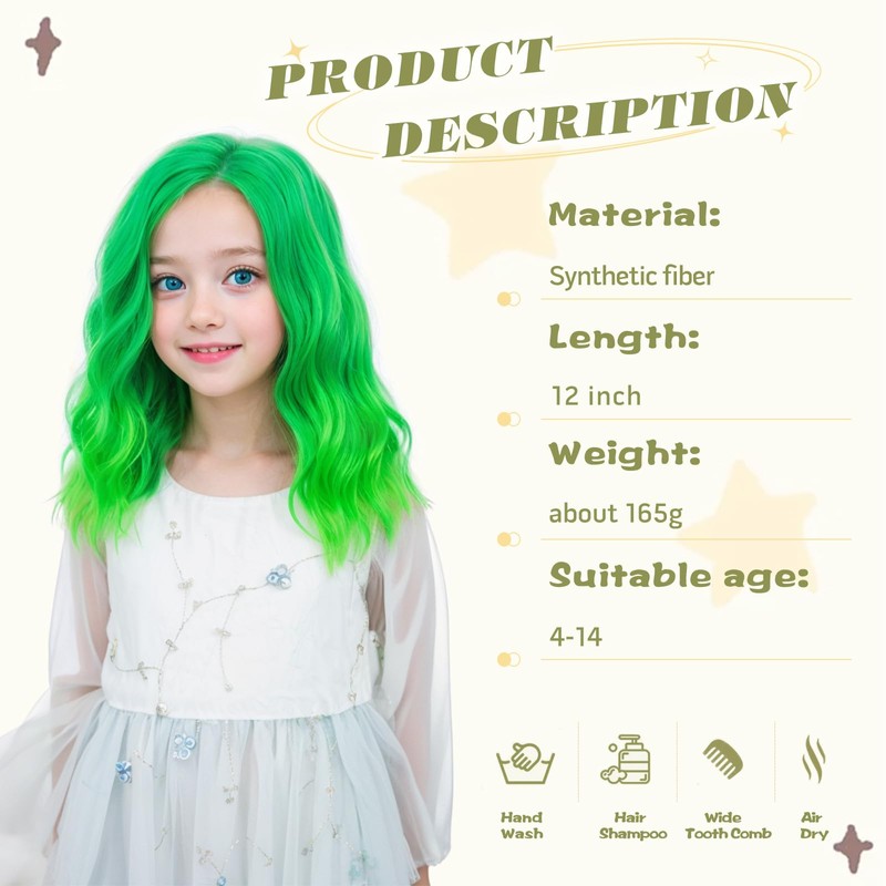 Green Wig for Kids - Short Wavy Synthetic Fiber Wig,