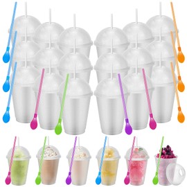 24 Sets Slushie Cups with Dome Lids and Straws Detachable Spoon Straws Reusable Plastic Iced Coffee Cups Smoothie Tumbler for Birthdays Summer Party Supplies (Transparent White)