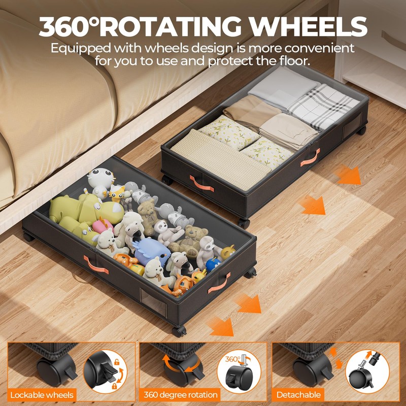 Under Bed Storage with Wheels,2-Pack Under Bed Storage Containers with