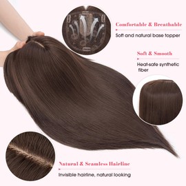 Hairro Hair Topper for Women Black Brown Clip in Hair Toppers with Bangs Realistic Long Straight Synthetic Hair Piece Large Silk Base Cover Thinning Hair Loss Daily Use 18 inch Dark Brown