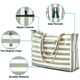 oscaurt Beach Bag XXL Family Stripes Weekender Women's Swimming Bag Waterproof Bag Shopper Large Swimming Bag Tote Bag with Zip, Green
