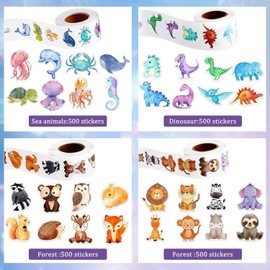 YJSPARKK 2000pcs Animal Stickers for Kids,4 Rolls 1 Inch Round Cartoon Animals Praise Stickers,32 Designs Dinosaur/Ocean/Forest Animal Sticker for Toddlers Kid, Home School Teacher Supplies