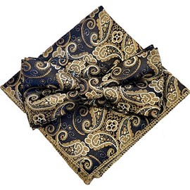 Champagne Gold Paisley [Bow Tie & Pocket Square] Set of 2 Men's One-Touch Casual Formal, Multicolor (Champagne Gold/Navy)